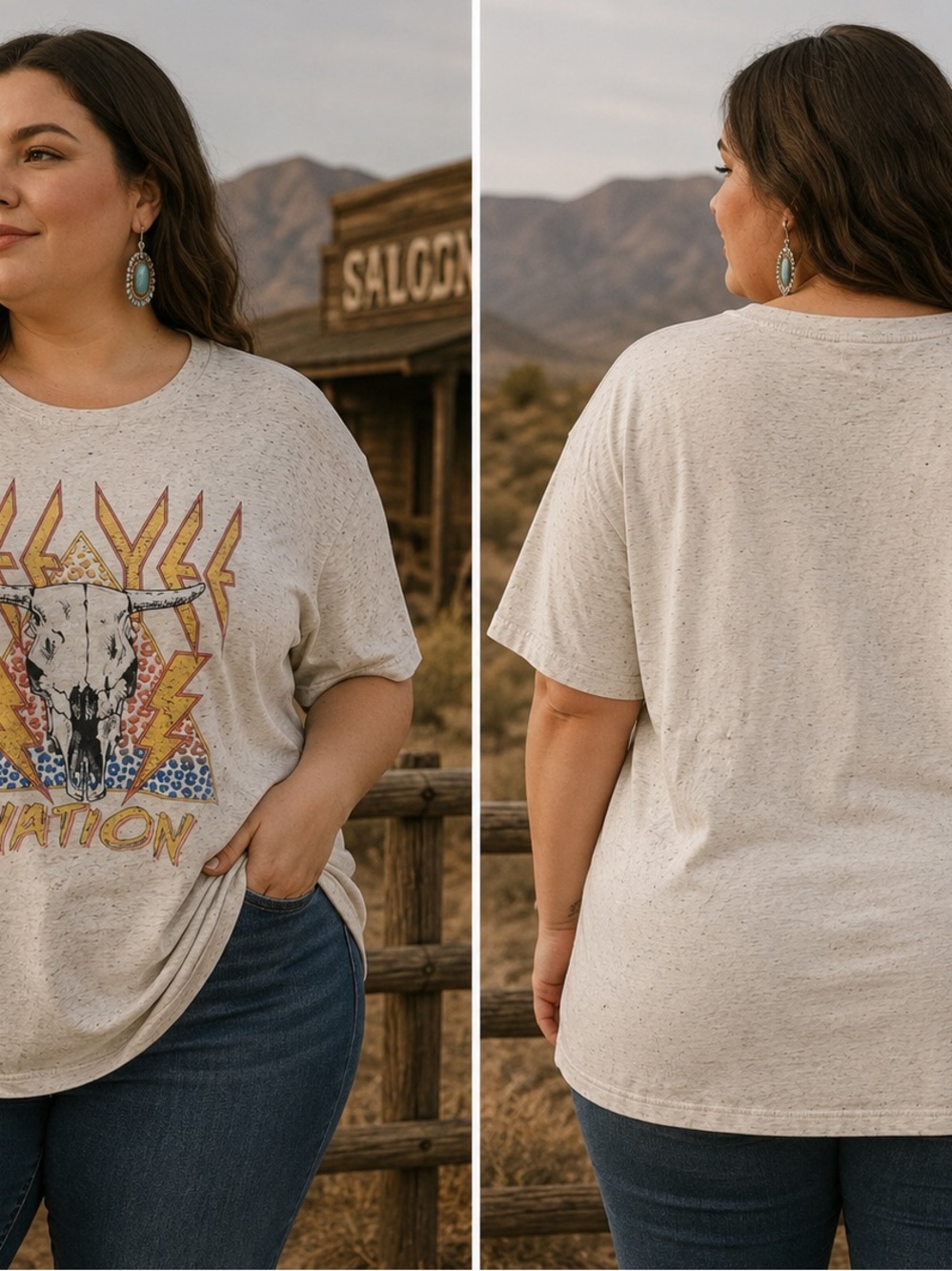 Western Style Graphic Short Sleeve Tee - Oatmeal Speckle
